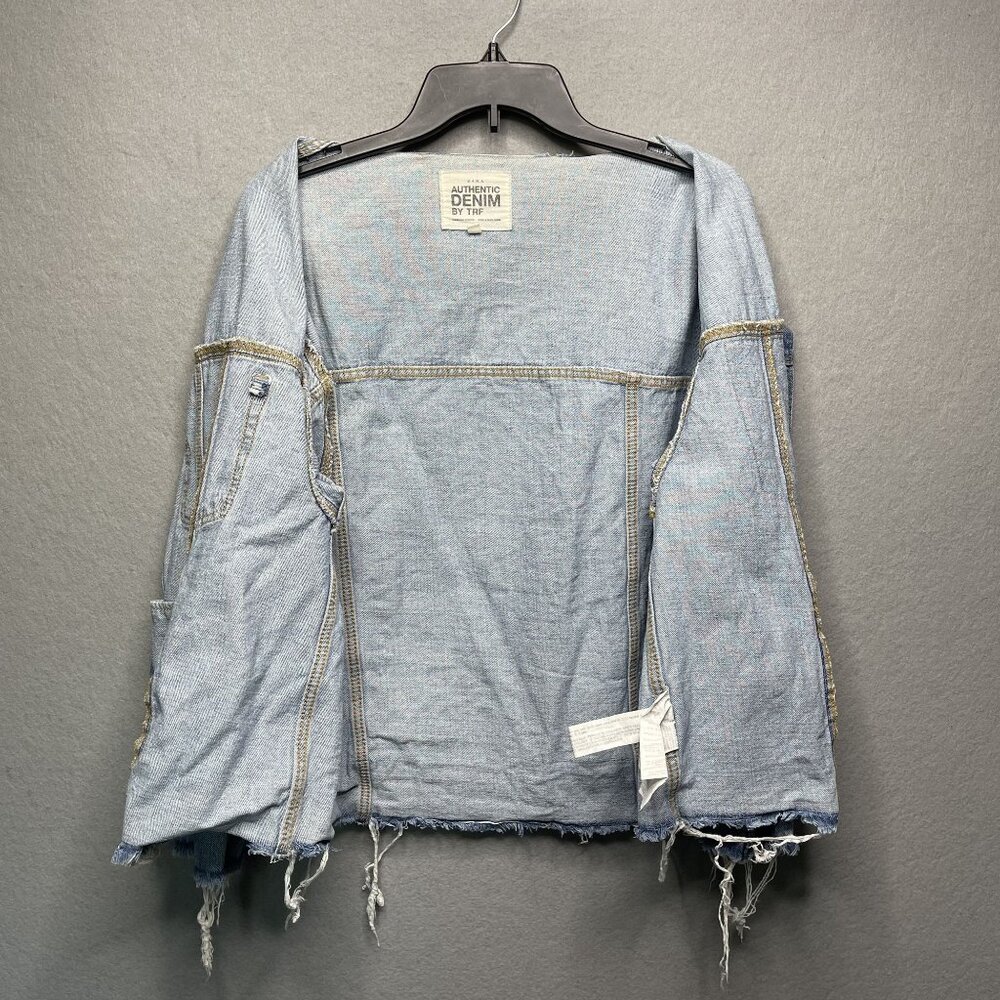 Zara TRF Authentic Denim Oversized Collarless Distressed Jean Jacket Multi - Picture 5 of 7
